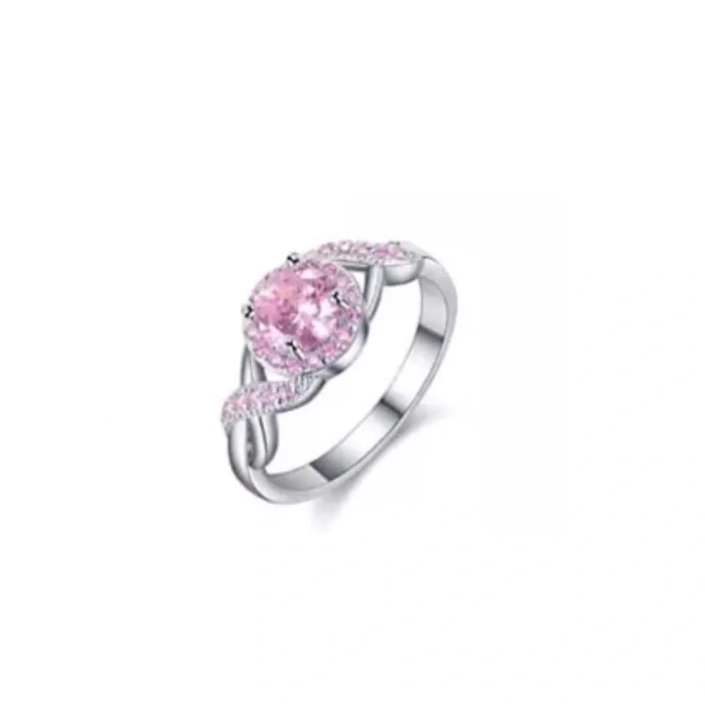 Pink & White Cubic Zirconia Antique Style Engagement Ring Silver Tone Round Halo